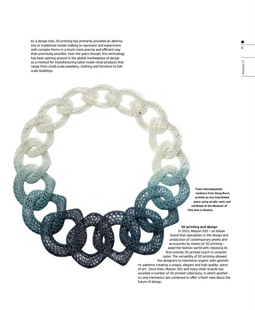 Exclusive magazine featuring EmmanuelTouraine 3D printed furniture for Ventury