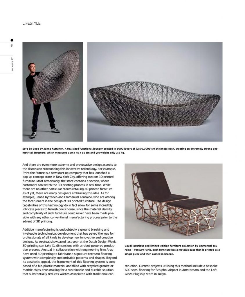 Exclusive magazine featuring EmmanuelTouraine 3D printed furniture for Ventury